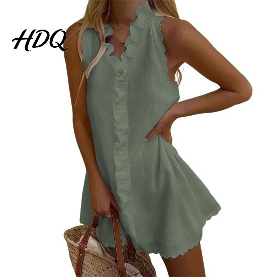 Sleeveless V-neck Dress Summer Ruffle Mini for Women, V Neck Cotton Skin-friendly S темно-зеленого