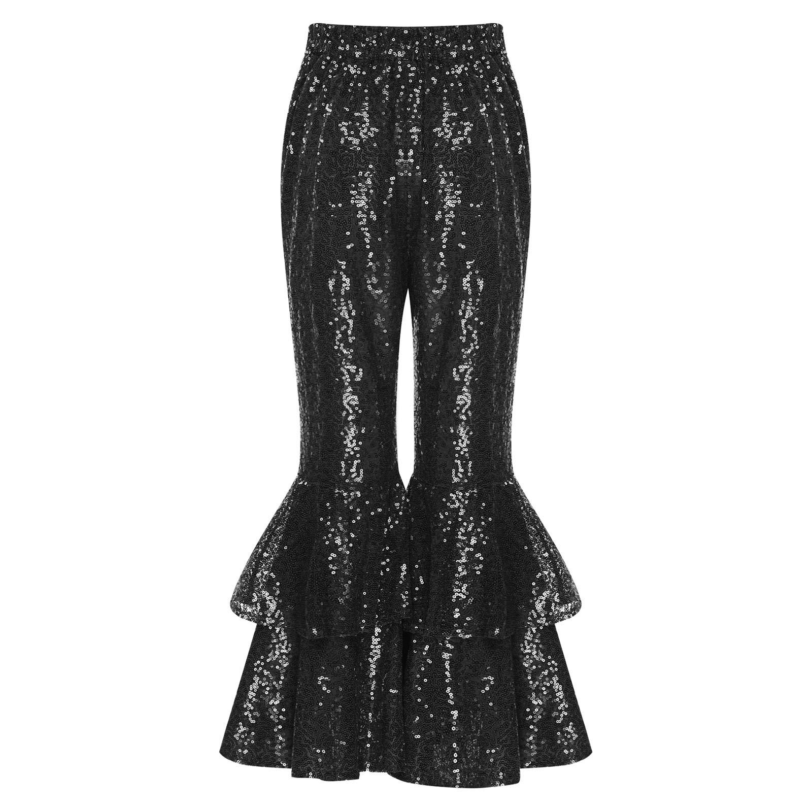 

Girls Glittery Sequin Flared Pants Tiered Bell Bottom Elastic Waistband Fully Lined Long Pants 5-6 Years чорний