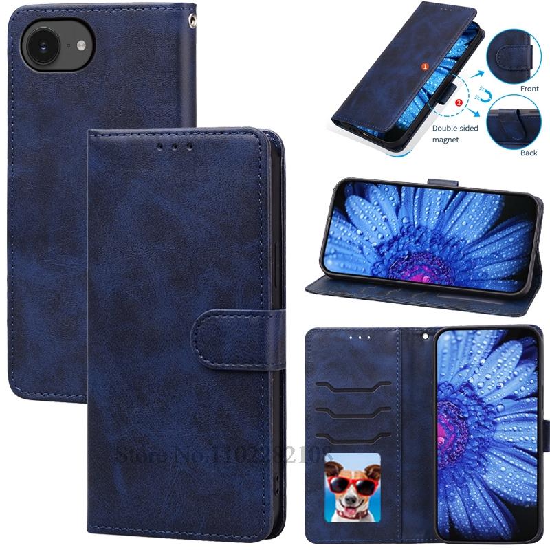 For iPhone 16e Case Leather Flip Wallet Cover For iPhone 16E Case Stand Book Fundas For iPhone 16e 16 e Phone Case Coque Etui For iPhone 16E синий