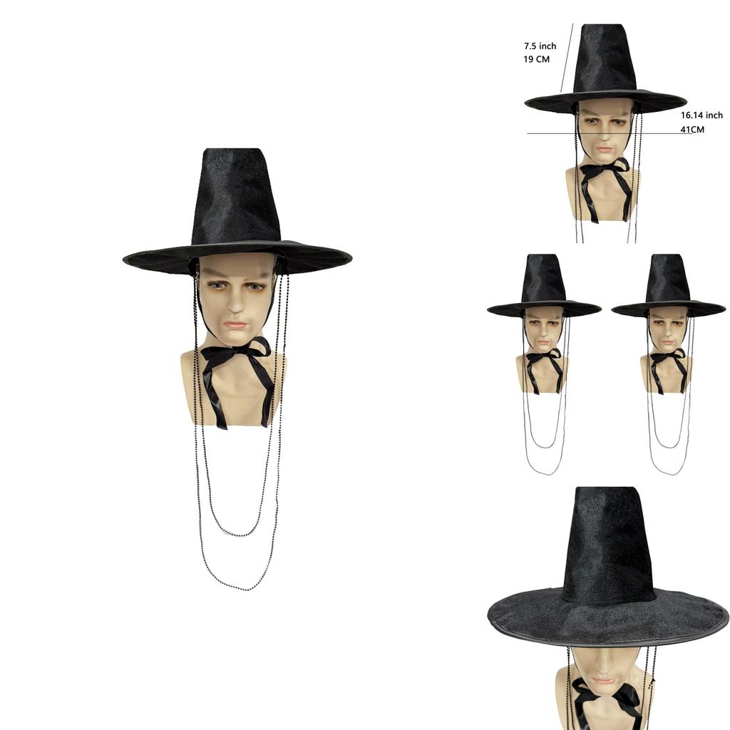 Traditional Korean Style Flat Top Hat With Pearl Chain For Cultural Performances And Themed Parties
