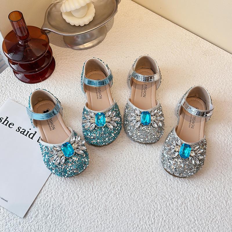 Girls Dance Shoes Shiny Crystal Sequins Kids Half Sandals for Summer Ins Trend 2025 New Girls Princess Shoes Wedding Party Sweet