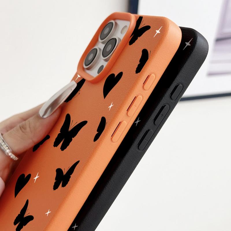 Coque Mate Motif Papillons Cœurs d'Amour Pour iPhone 16 Pro 15 Pro Max 14 13 12 11 TPU Texture Cuir Antichoc Douce Fine Housse de Téléphone