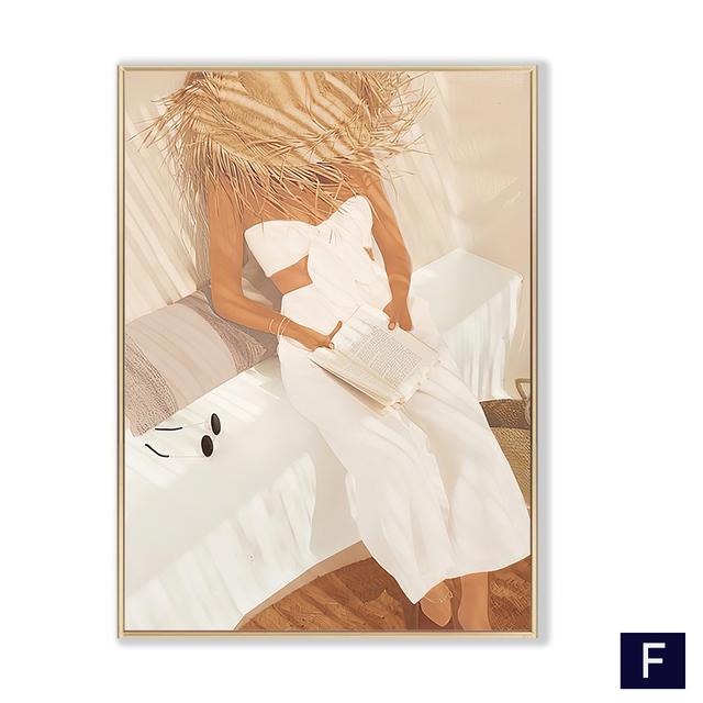 Boho Fashion Summer Woman Wall Art Beach Black Cat Canvas Painting Nordic Posters and Prints Pictures for Living Room Decor