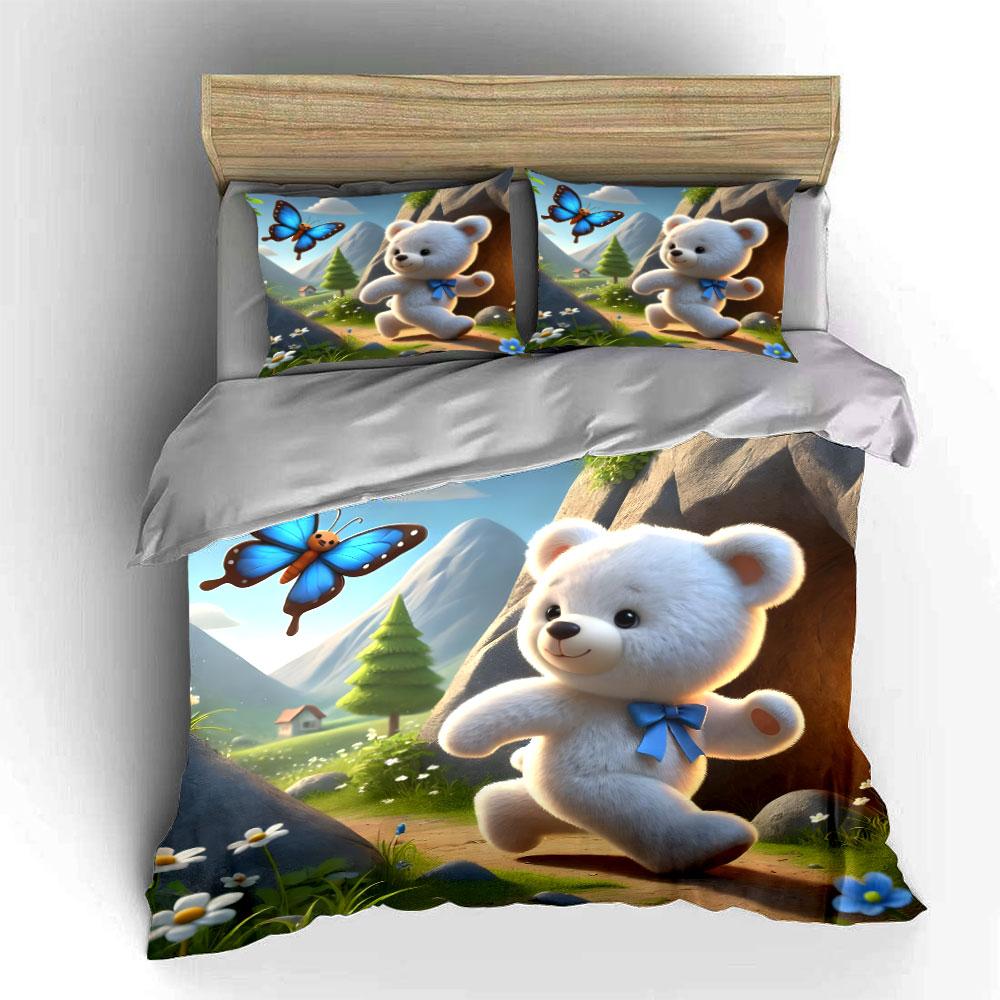 Cute Teddy Bear Adventure Set Exquisite Three-Piece Bedding Set Gift For Kids And Adults EU Twin 135X200cm&set