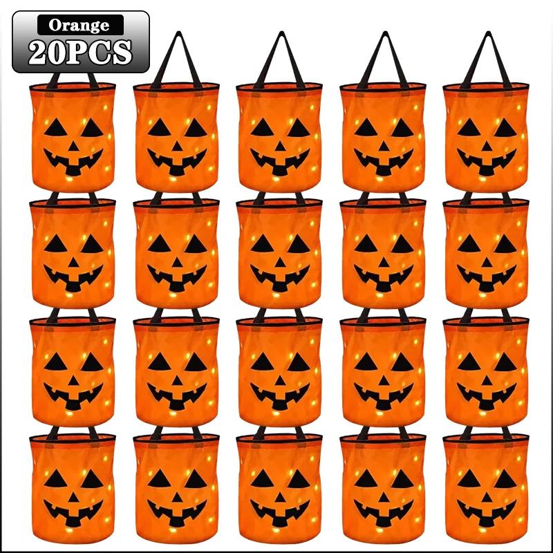 1-20PCLED Light Up Halloween Pumpkin Candy Tote Bag Basket for Kids Trick or Treat Party Bucket for Holiday Event Decoration Use