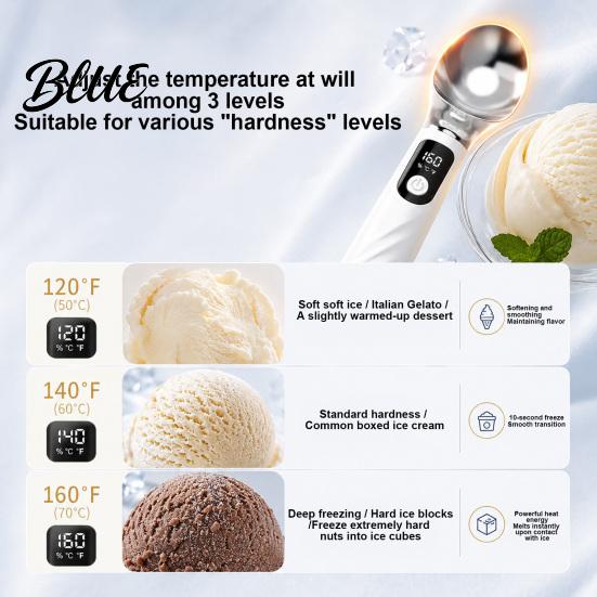 Robuster Zinklegierungs-Löffel für gefrorenes Eis mit LED-Anzeige, wiederaufladbarer, selbstwärmender Löffel, zum Servieren von Gelato für hartes Eis, ergonomisches Dessert