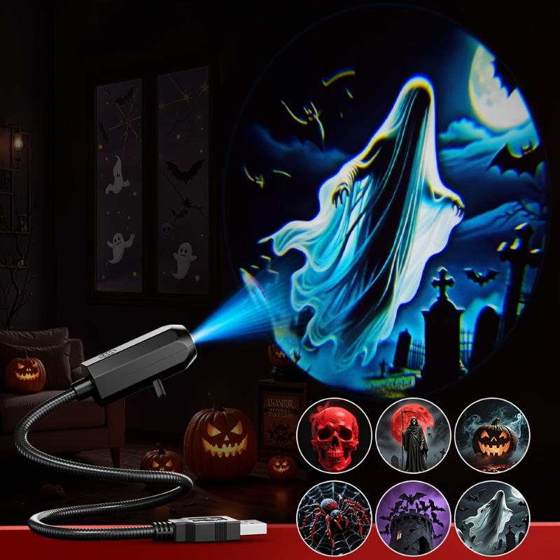USB Halloween Projector Light 6 Rotatable Horror Patterns LED Atmosphere Lamp for School Halloween Event Decor