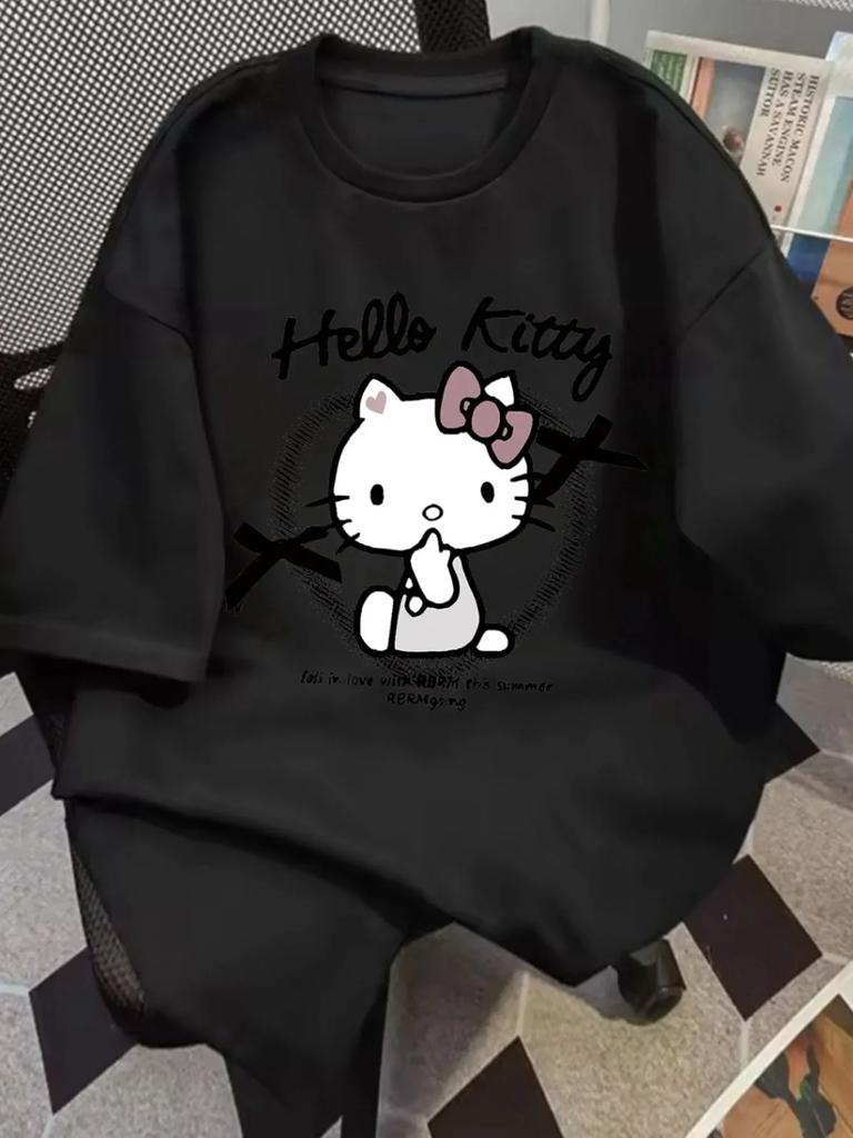 Miniso Hello Kitty and letter-printed short-sleeved men's casual T-shirt loose top