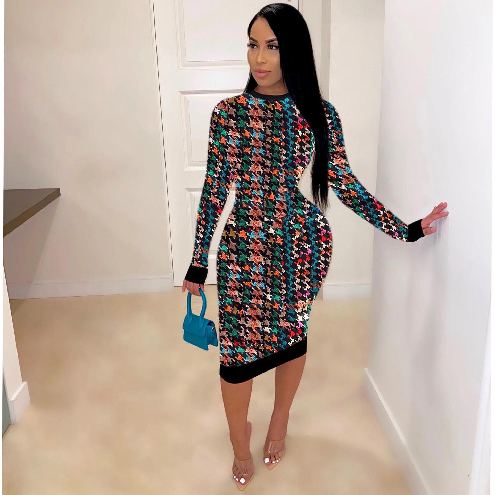 

H208 European Spring/Autumn Women s Long Sleeve Irregular Print Dress M