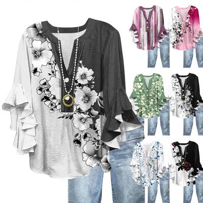 Tops For Women Cute Button V Neck 3/4 Sleeve Blouses Print Top Casual Shirts
