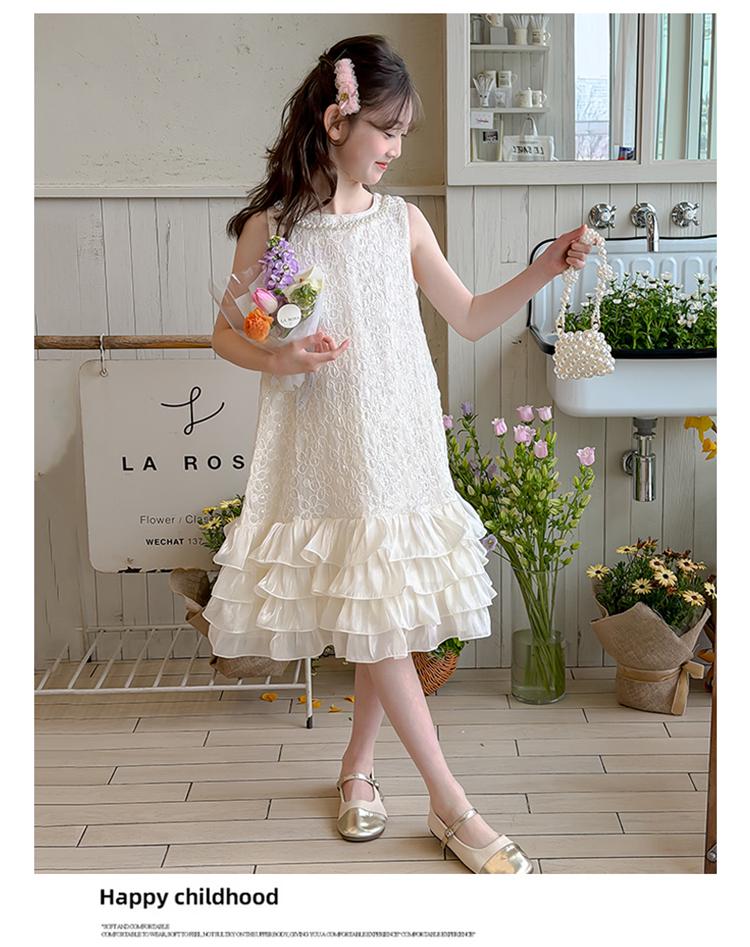 Princess style sleeveless dress 2026 new girls' summer cake skirt with ruffled edges and thin lace stitching