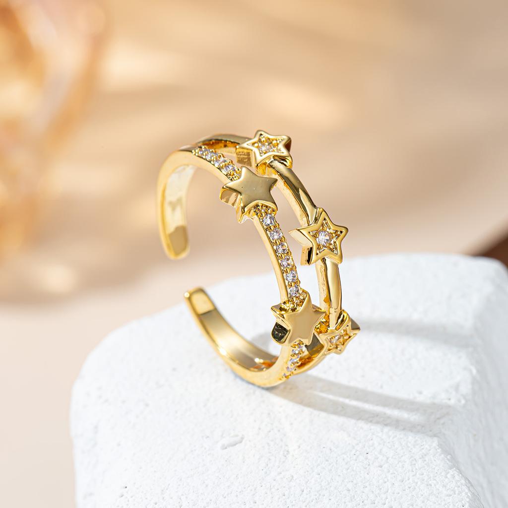 Women'S 18K Gold Plated Double Layer Star Adjustable Ring, Sparkling Cubic Zirconia & Solid Star Open Band, Hypoallergenic Nicke