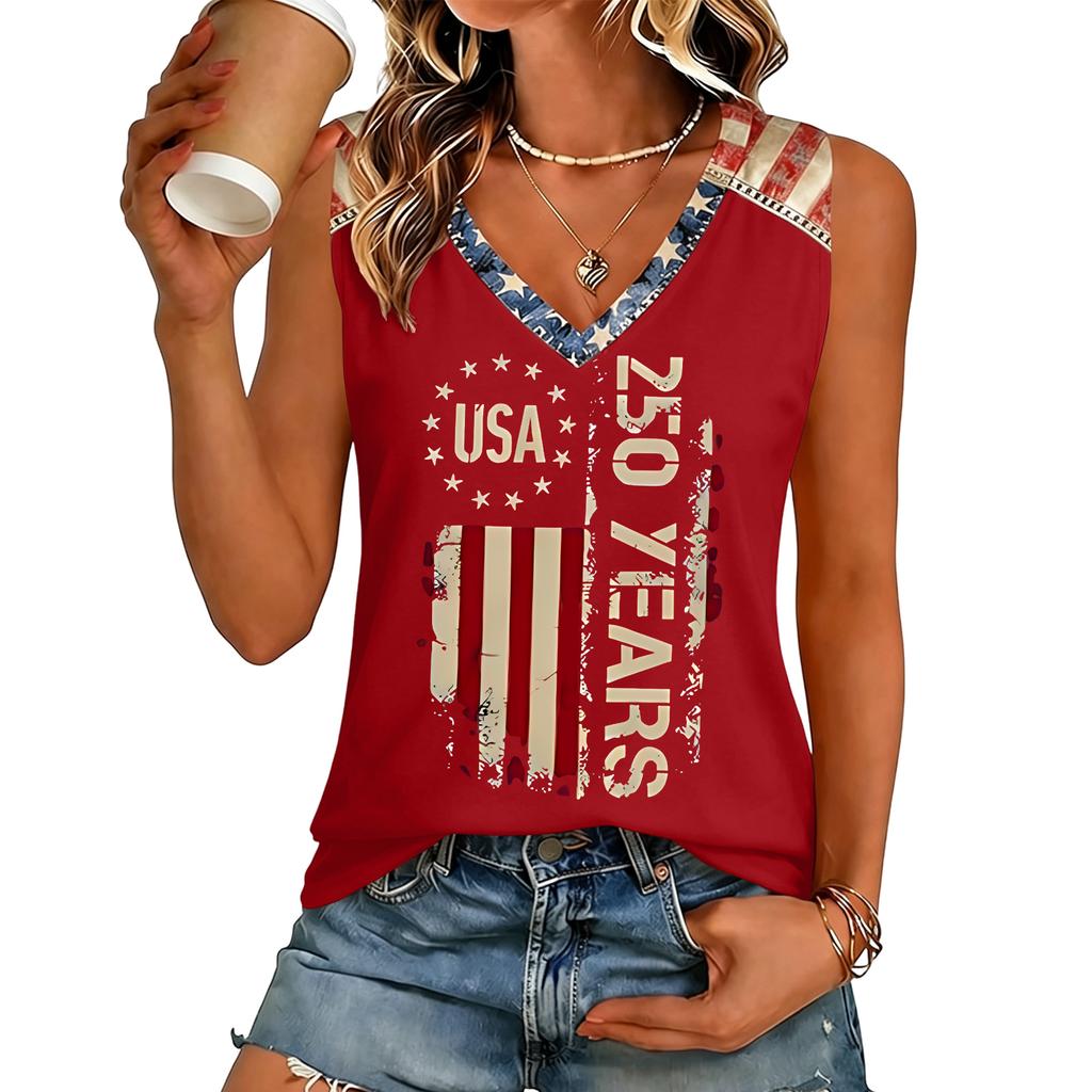 Women V Neck Casual Sleeveless Top with Independence Day Print Loose Fit Pullover Tank for Summer Daily Wear