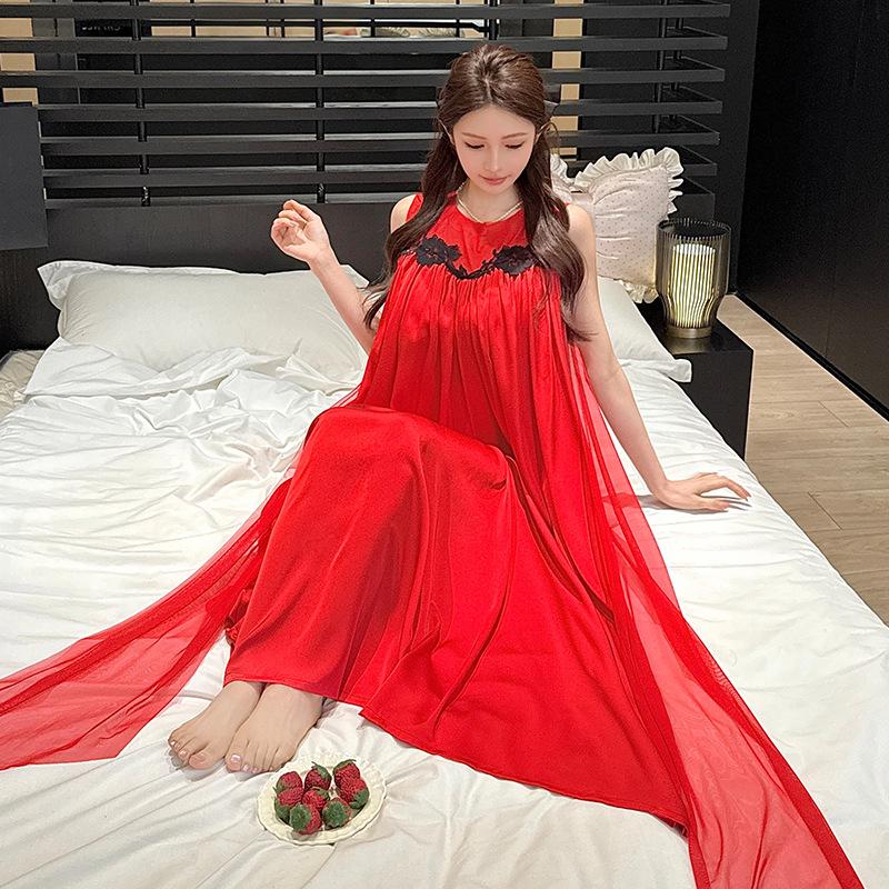 Elegant Ribbon Ice Silk Nightgown with Bra Pads - Spring/Summer Lace Trim Princess Style One Size