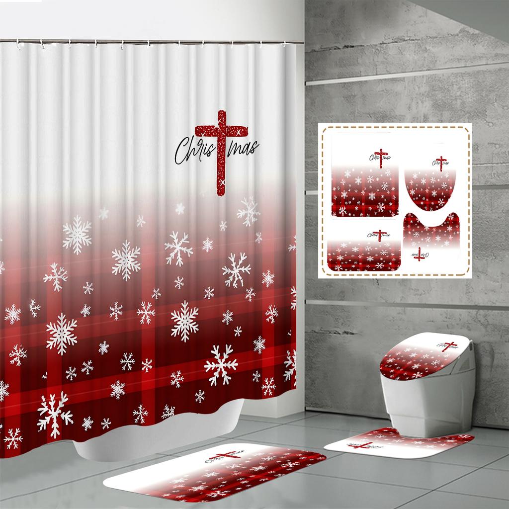 4PCS  Shower Curtain Sets With Shower Curtain And Rugs Toilet Lid Rug U Shape Mat And Bath Mat Bathroom Set  With 12 Hooks