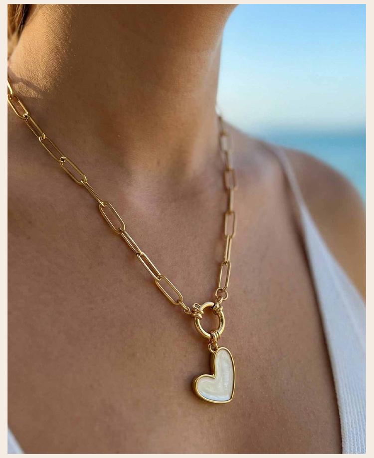 Romantic Heart Pendant Necklace Gold Plated Stainless Steel Paperclip Chain Enamel Love Shape Waterproof Aesthetic Mother Gift