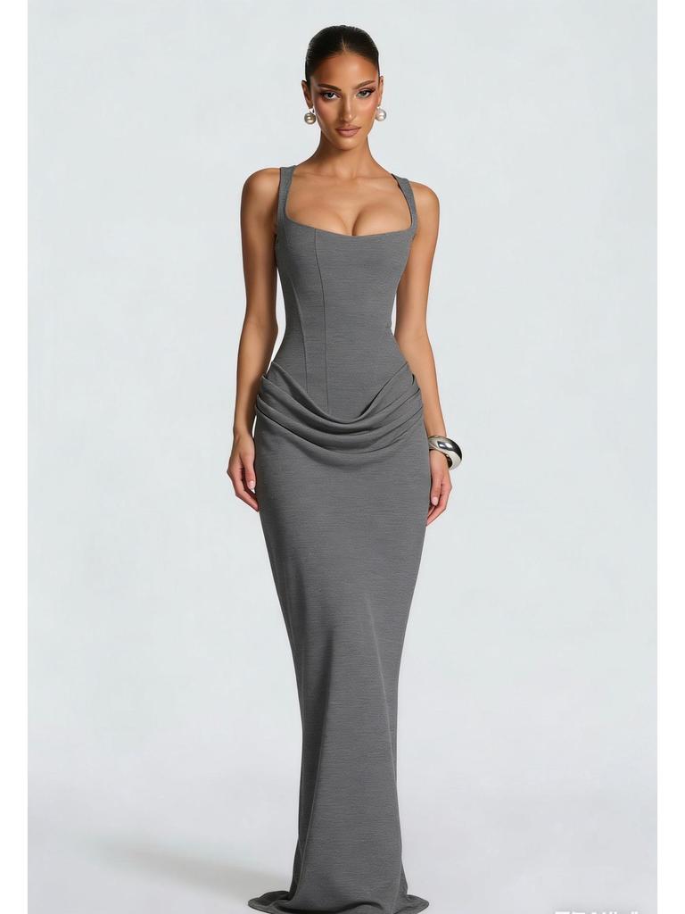 Women's Spring Slim Fishbone Strappy Long Dress - Solid Color Hip-Hugging Design