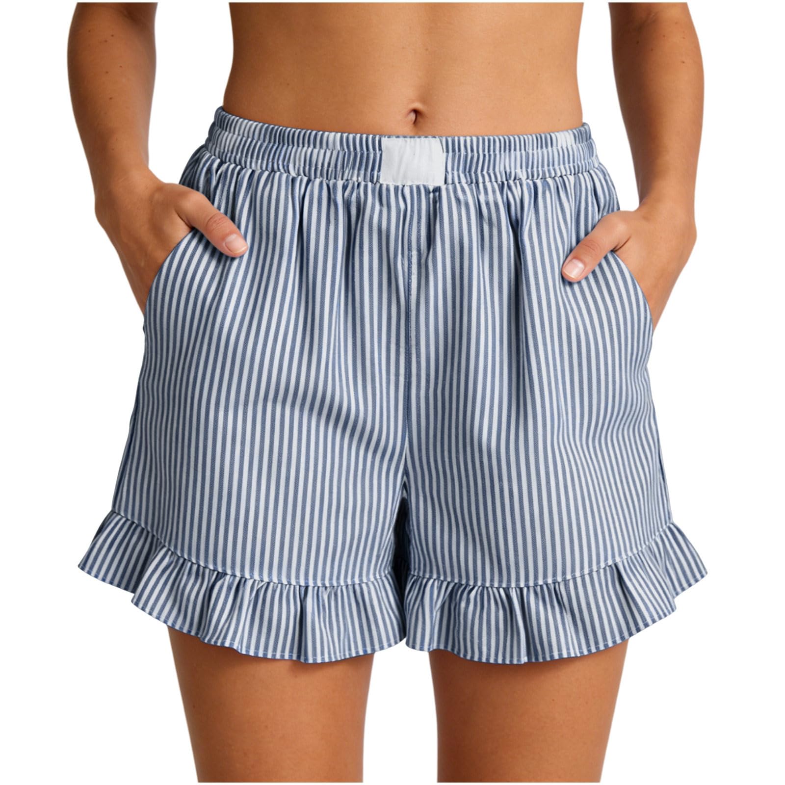 

Women’s Casual Summer Striped Shorts with Elastic Waist Ruffle Hem and Side Pockets Loose Fit Lightweight Design S