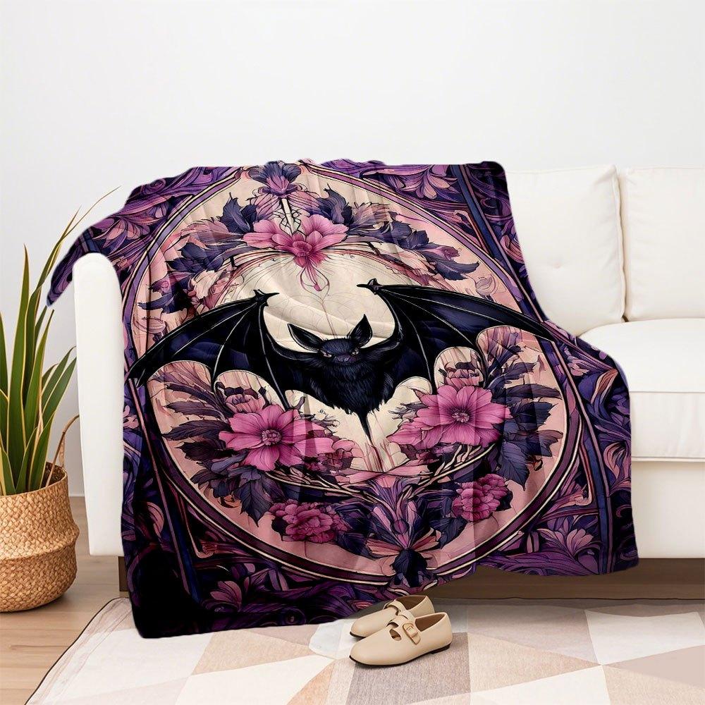 Gothic Bat & Floral Stained Glass Wall Art PrintBlanket Flannel Throw Blanket for Sofa, Bed, Travel, Camping, Office, Couch, Chair, And Bed