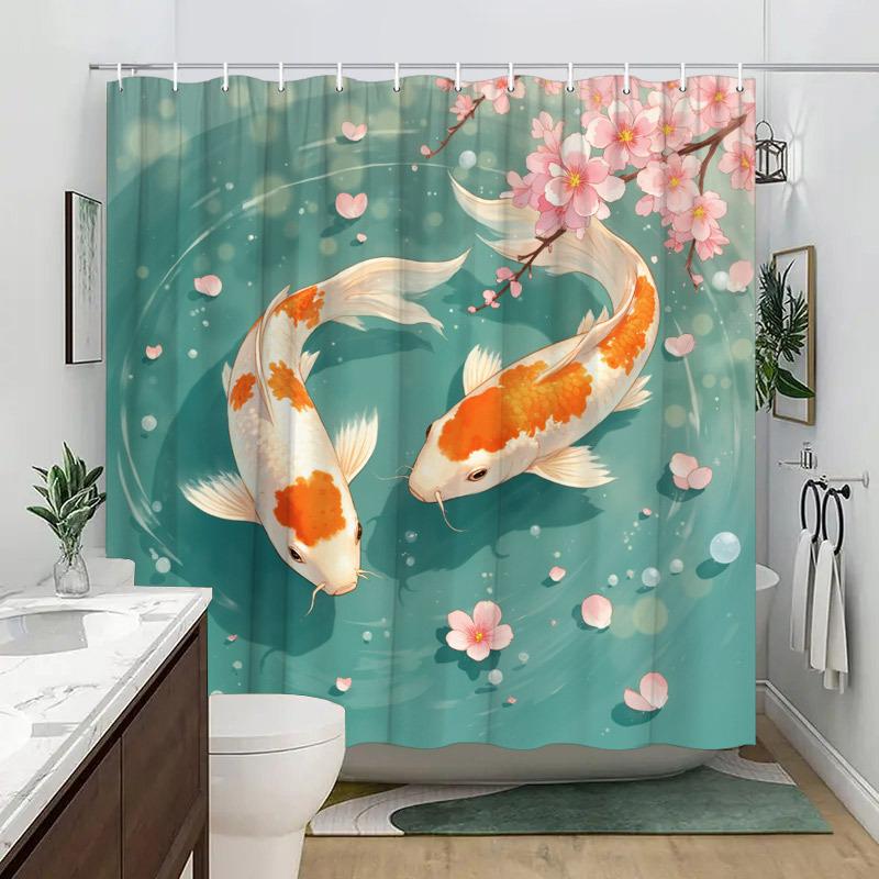 Koi Fish In Serene Pond Shower Curtain - Water-Resistant, Easy To Clean, Adds an Oriental and Tranquil Touch To Your Bathroom