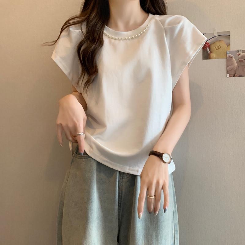 Plus Size Beaded Puff Sleeve Top - Versatile Slimming Summer Short Sleeve T-Shirt