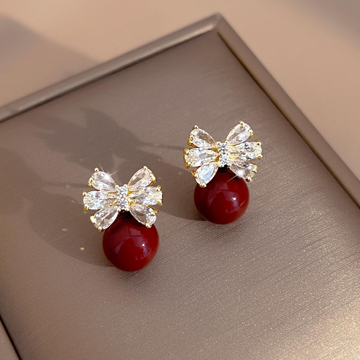 Fashion Crystal Zircon Bow Knot Stud Earrings For Women Elegant Flower Pearl Rhinestone Red Earring Party Christmas Zircon Gift