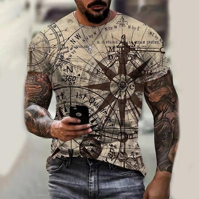 Summer Vintage Men's T Shirt Sailboat Compass 3d Print Casual Short Sleeve Tops Fashion Crew Neck Oversized Clothing Pullover