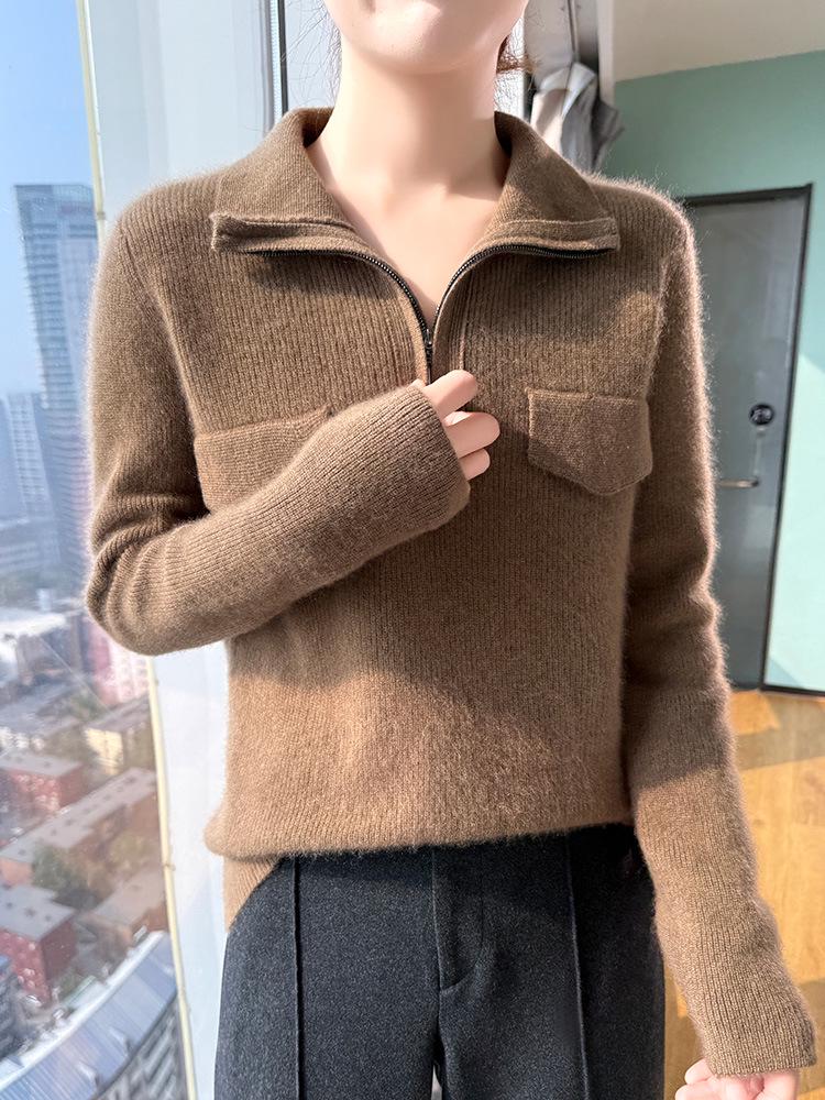 Women's Pure Wool Rib Knit Half Zip Sweater - Autumn/Winter Collection
