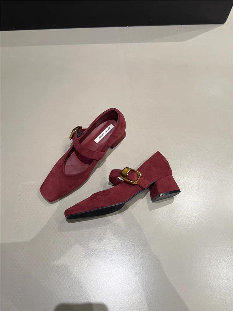 Retro thick heel suede square head single shoes women's 2025 spring and autumn new velvet leopard print one-word buckle with Mary Jane shoes