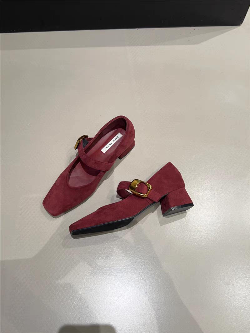 

Туфли женские замшевые с квадратным носком на толстом каблуке в стиле ретро, весна-осень 2025 г., бархатные с леопардовым принтом, пряжка с одним словом, туфли Мэри Джейн 38 бордовый