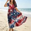 Women’s V Neck Short Sleeve Maxi Dress with Star Print Loose Fit Flowy Hem Casual Summer A Line Dress for Daily Wear