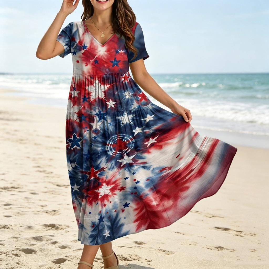 Women’s V Neck Short Sleeve Maxi Dress with Star Print Loose Fit Flowy Hem Casual Summer A Line Dress for Daily Wear