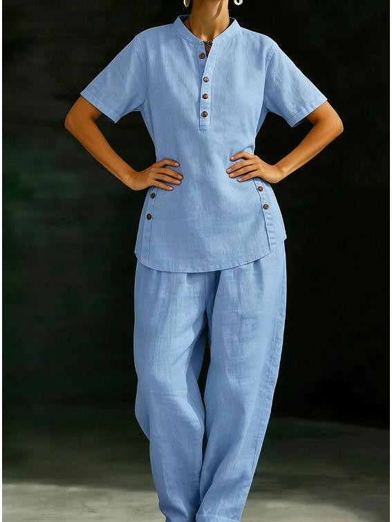 2026 European & American Casual Button-down Shirt and Wide-leg Pants Linen Set