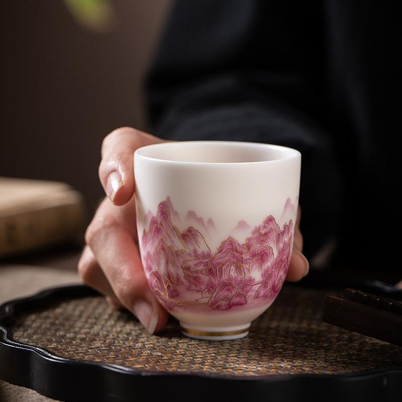 Vegetarian-fired suet jade porcelain picturesque teacup ceramics personal special tea drinking cup single cup tea cup master cup