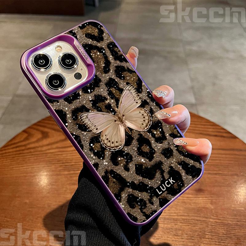 Luxury Butterfly Leopard Print Phone Case For iPhone 16 16E 15 14 13 12 11 Pro Max X XS XR 7 8 Plus SE Shockproof Hard Cover