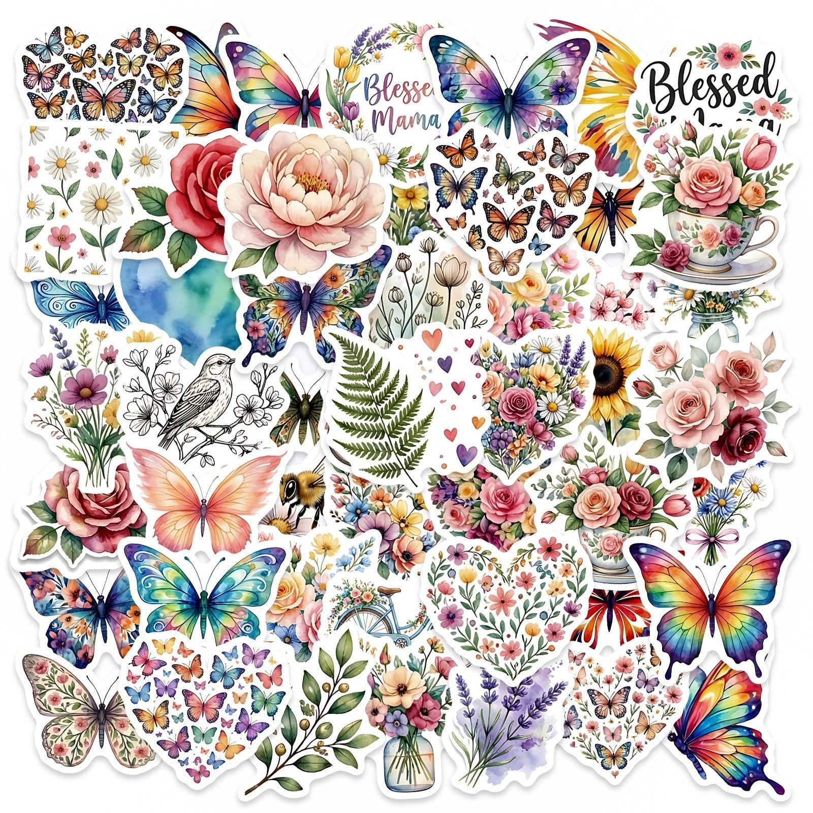 

50 Butterfly Flower Stickers Literary Fresh And Simple Stickers Diy Mobile Phone Computer Water Cup Decoration Waterproof