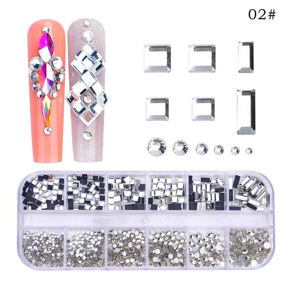 12 Gitter/Box, gemischtes Design, flache Rückseite, Nagel-Strasssteine, 3D-Charms, Stein-Edelsteine, Nagelkunst-Dekorationen