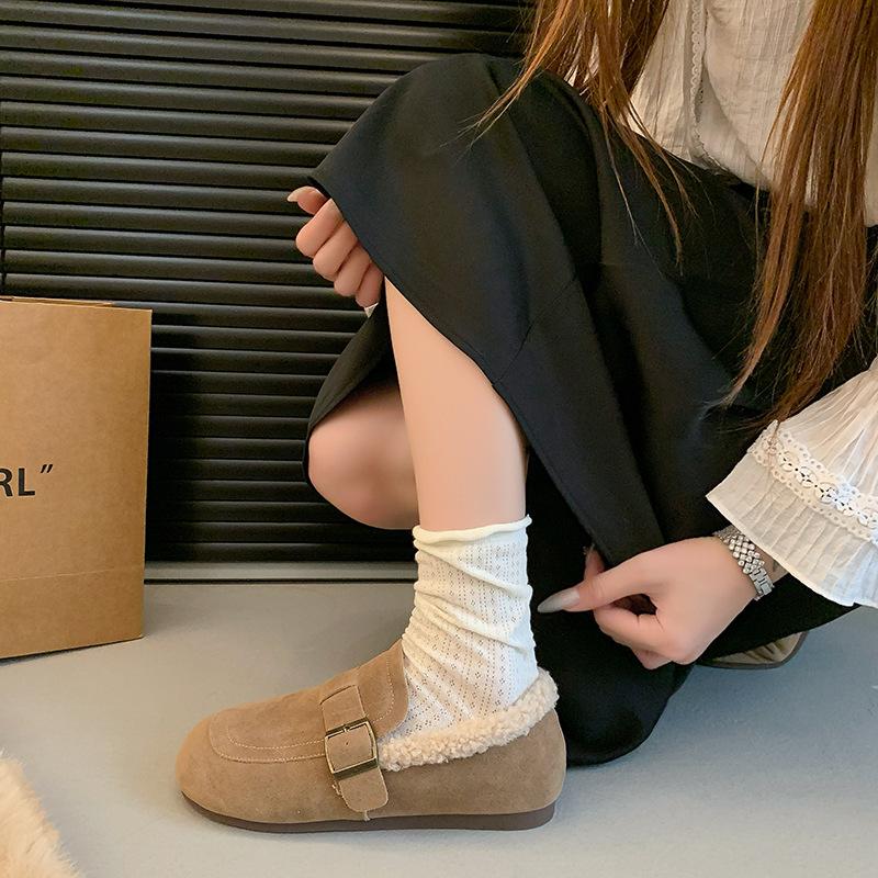 Retro Doudou shoes women's 2025 winter new fleece thickened casual soft-soled fluffy shoes one-pedal flat cotton shoes
