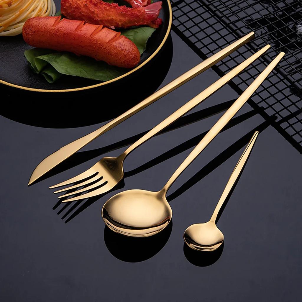 16Pcs Gold Dinnerware Stainless Steel Cutlery Set Kitchen Mirror Flatware Knife Fork Coffee Spoon Kitchen Home Tableware Set