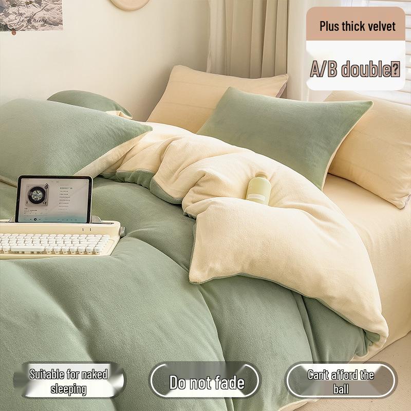 Winter Milk Coral Fleece Flannel Bedding Set: Double-Sided Plush Quilt Cover & Thickened Bed Sheet Set.