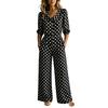 Women's Polka Dot Jumpsuit Casual Vacation One Piece Outfit Wide Leg Elastic Waist 3/4 Sleeve V Neck Button Front