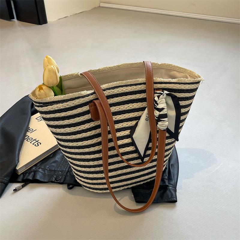 Summer Beach Vacation Single Shoulder Bag Straw Bag Women s Summer New Versatile Striped Woven Shoulder Bag Seaside Vacation Beach Tote Bag бежевый 2298₽
