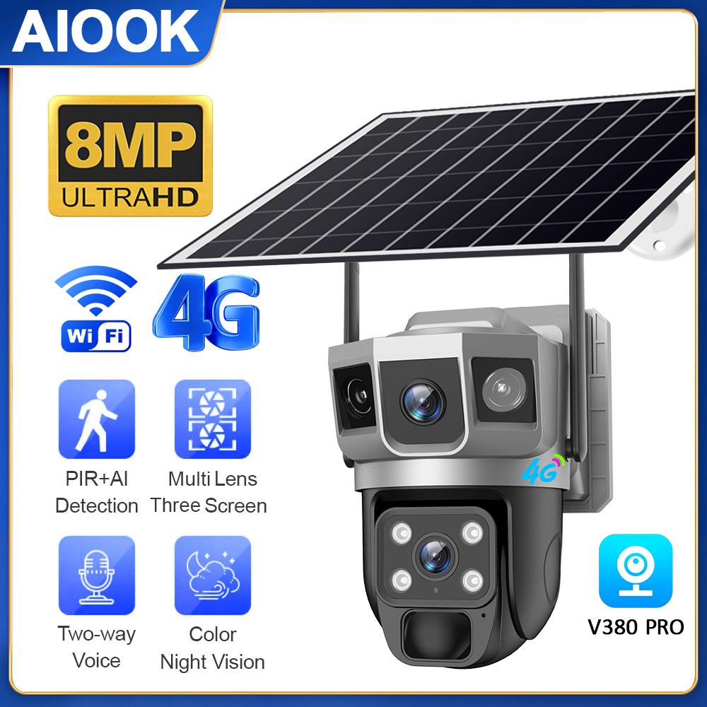 

AIOOK V380 PRO Солнечная камера безопасности уличная водонепроницаемая HD 8MP WIFI 4G IP-камера полноцветная ночного видения двусторонний домофон обнаружения движения