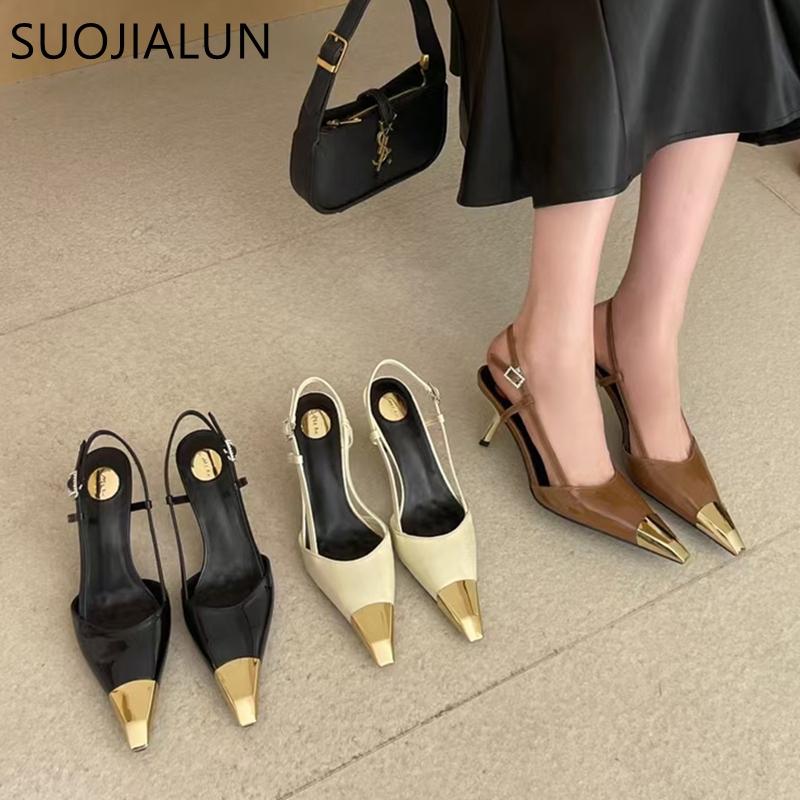 Mode SUOJIALUN 2025 Frühling Gold Metall Zehenbereich Damen Elegante Sandale Neue Marke Flache Slipper Slingback Schuhe Dünner Hoher Absatz Kleid Pumps