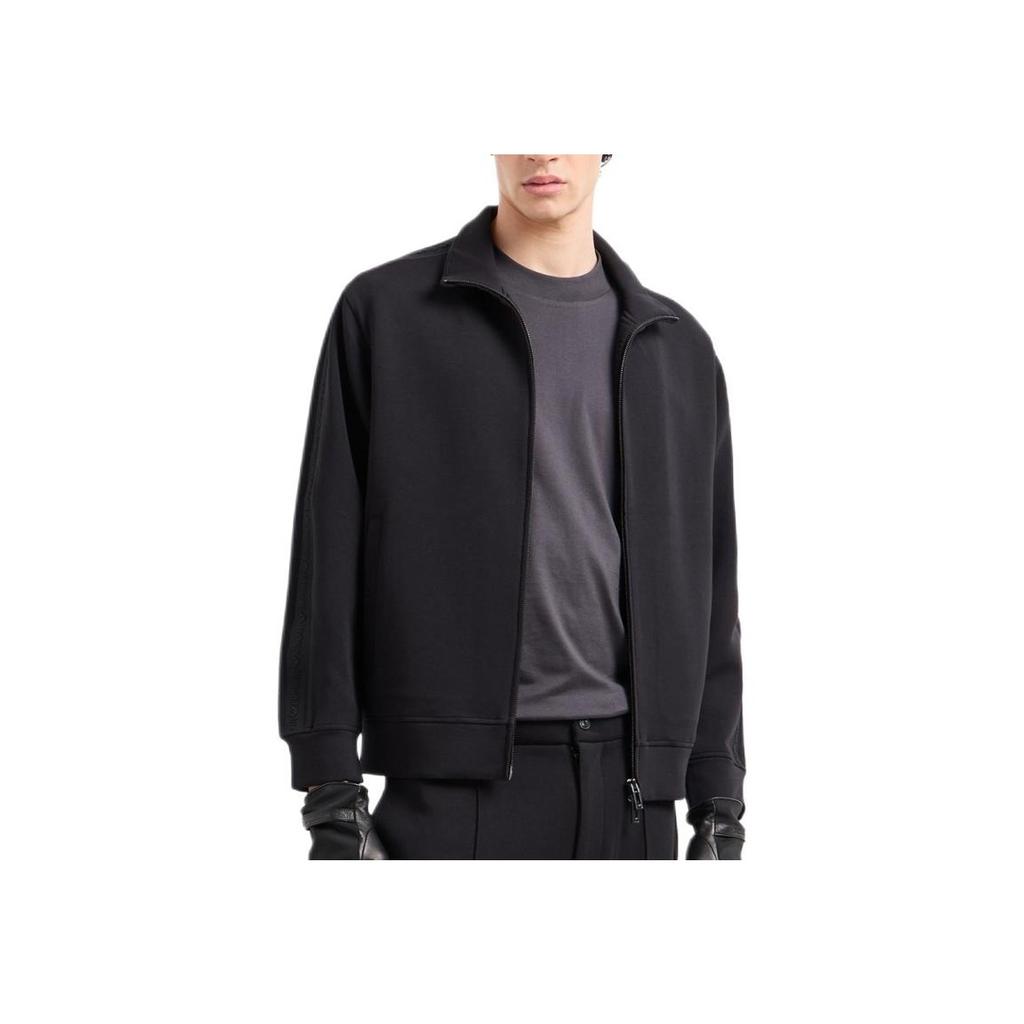 Emporio Armani Solid Color Stand Collar Embroidered Strap Zipper Hoodie Men Hoodies Black 6D1MA8-1JHSZ-0999