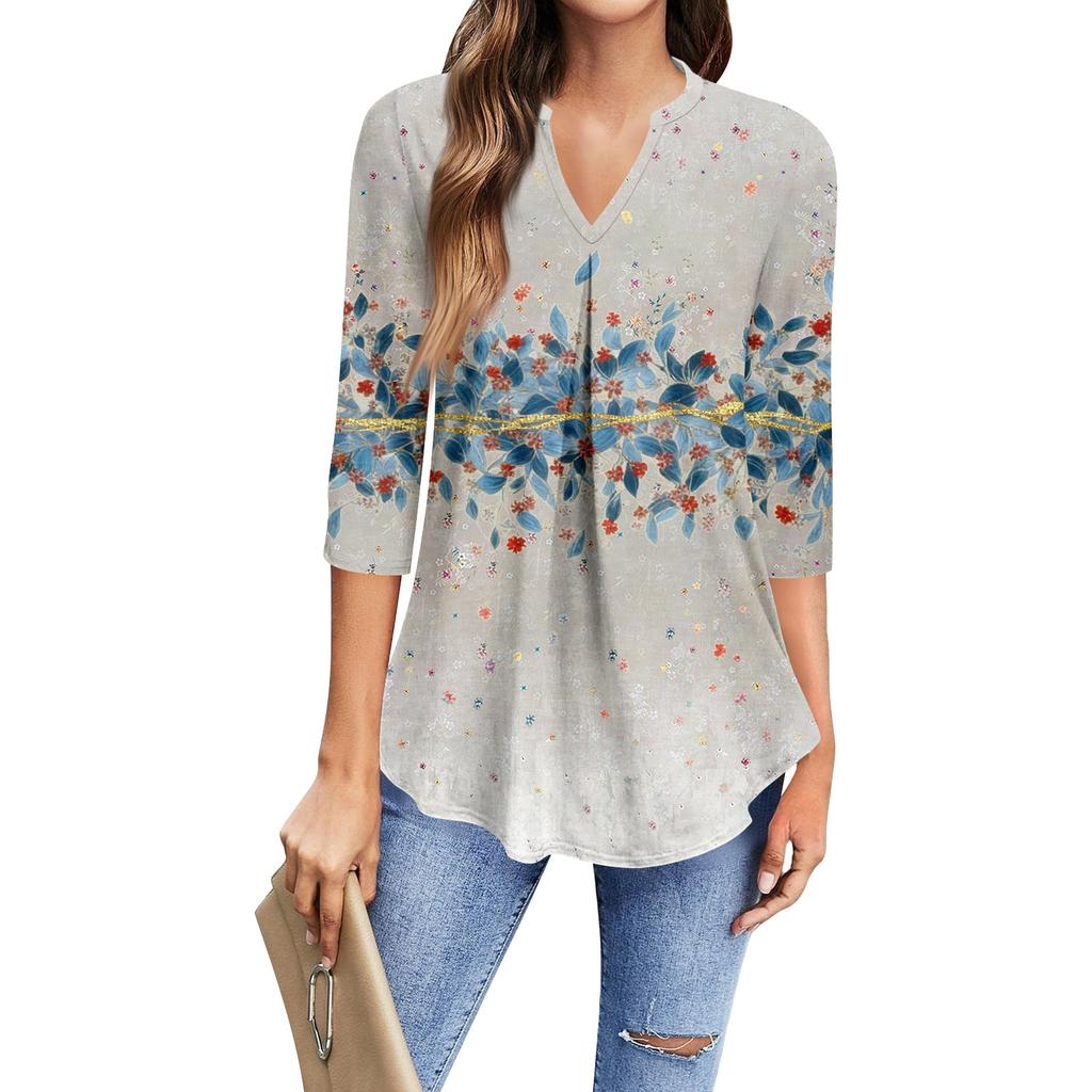 Women's Fashion Casual Three-Quarter Sleeve T-Shirt Printed V-Neck Top