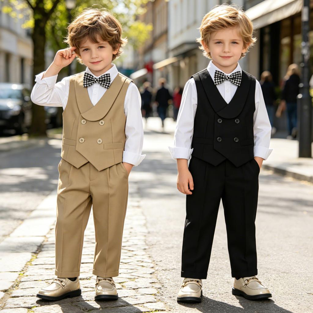Boys Khaki 4 Piece Suit Shawl Lapel Double Breasted Vest Set White Shirt Plaid Bow Tie Pants Kids Wedding Flower Gentleman Formal Party Photo Outfit