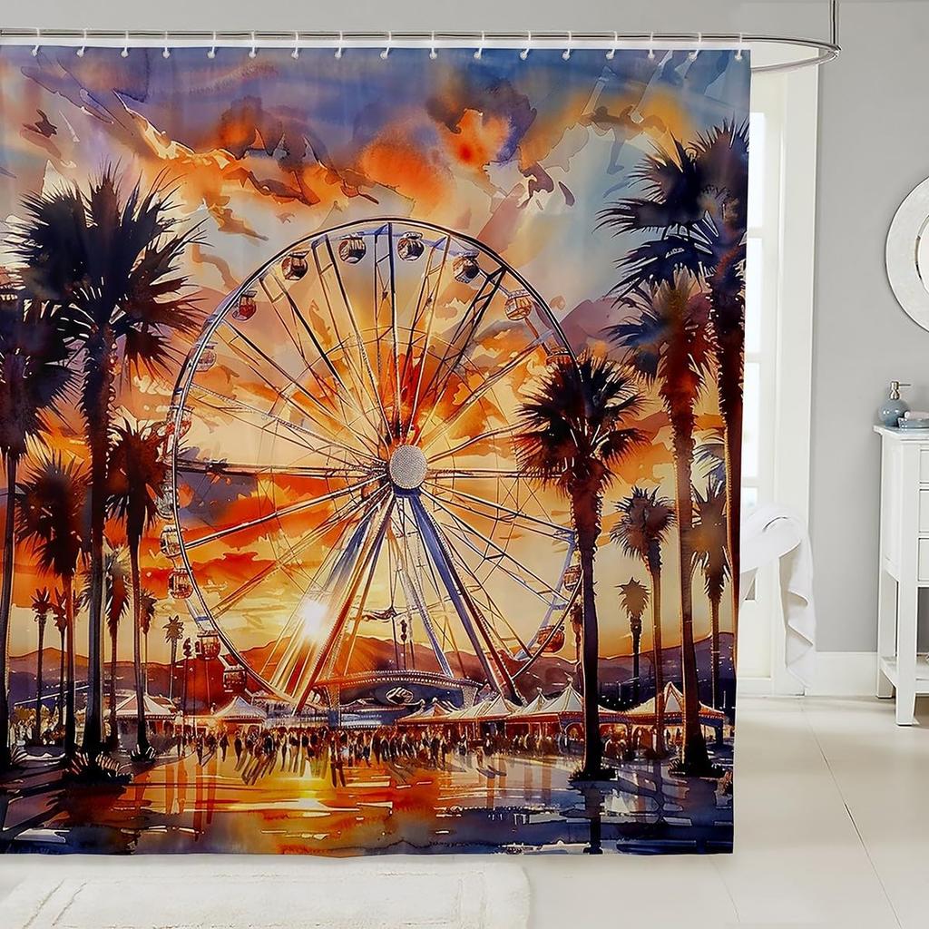 Cartoon Circus Bathroom Curtains Happy Holiday Shower Curtain Sets for Kids Boys Girls Funny Ferris Wheel Shower Curtain Funny