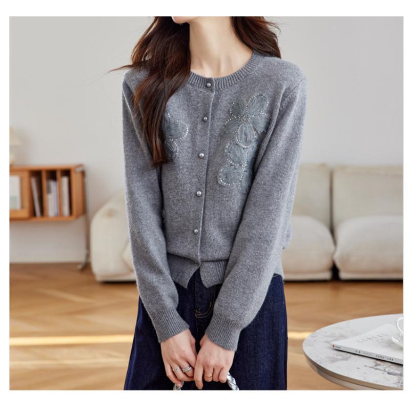 Damen Herbst Winter Neu Spitze Blume Pailletten Perlen Rundhals Strickjacke Oberbekleidung Pullover Mantel Top