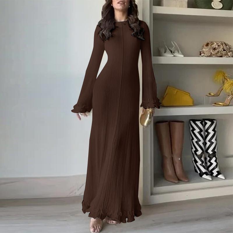 ZANZEA Vestidos vintage de color liso con cuello redondo y manga larga para mujer